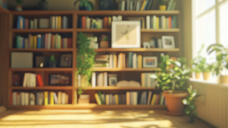 A blurred bookshelf is cast in natural light.