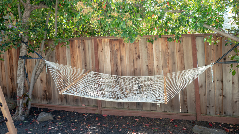 Hammock hung along fence