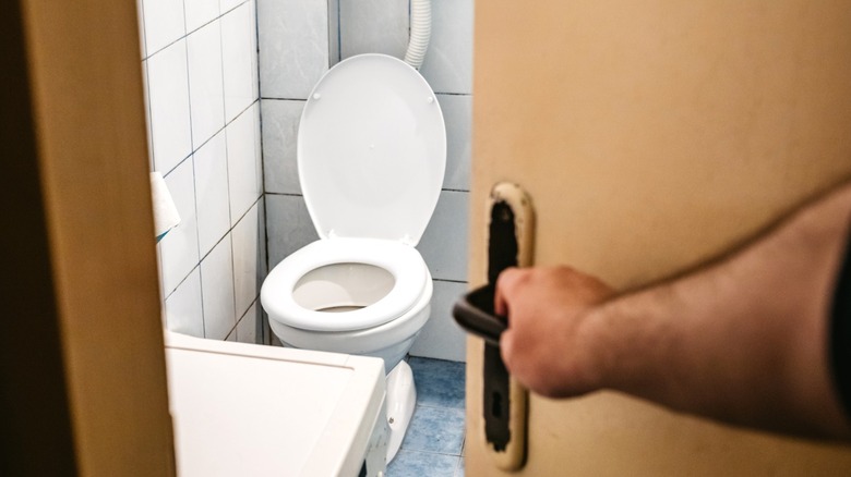 Person opening the bathroom door to reveal a toilet
