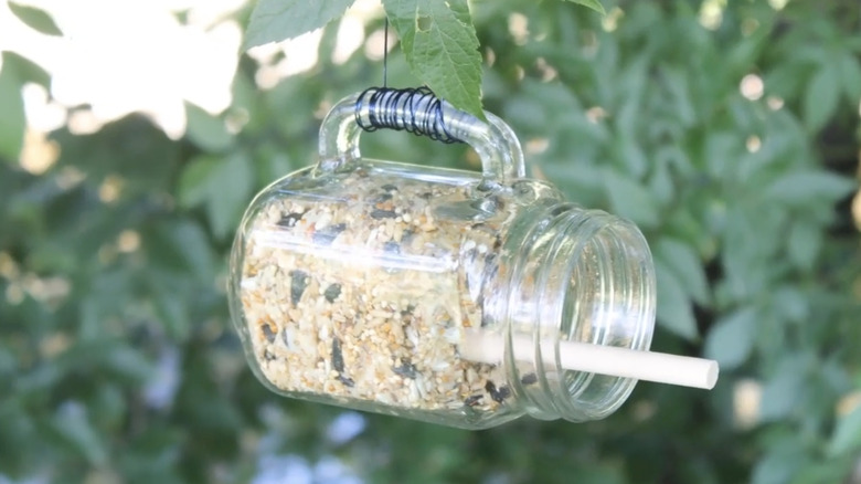 A hanging bird feeder made from a craft stick and a Mason jar mug filled with suet and birdseed mix.