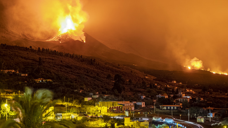 A volcanic eruption near a city