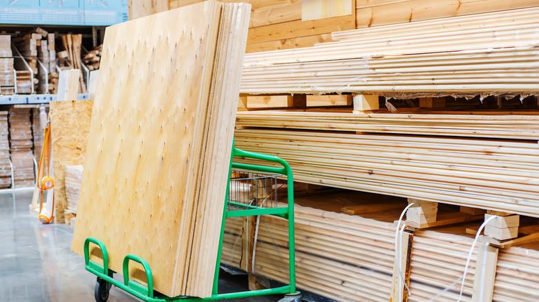 Large sheets of plywood in a store