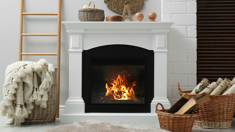 rustic fireplace with wood ladder