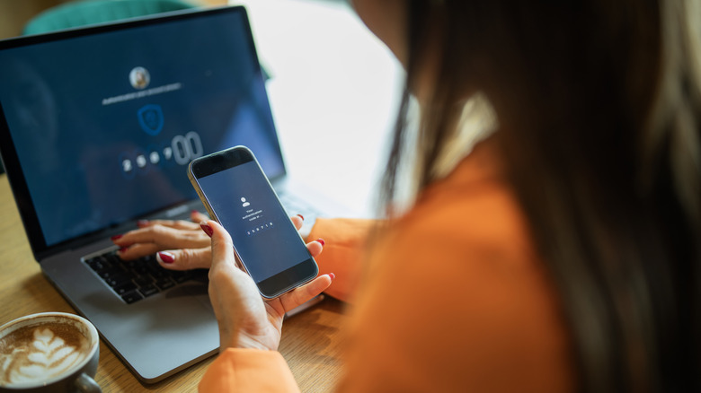 Woman logging into account with passcode