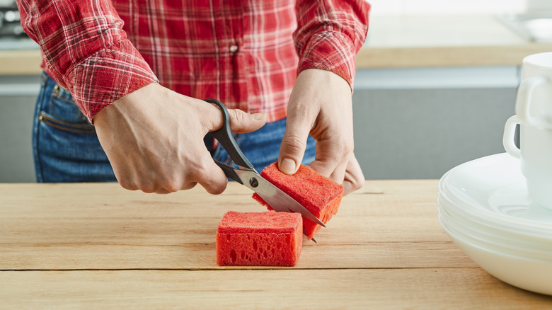 A person cutting a red kitchen sponge with scissors