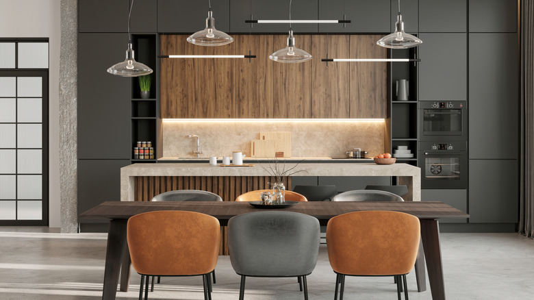 Kitchen with wood, metal, stone, leather materials