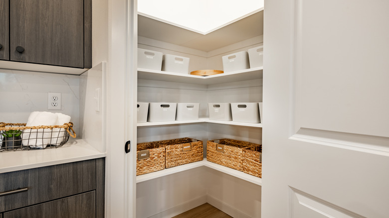 A pantry with bins and baskets