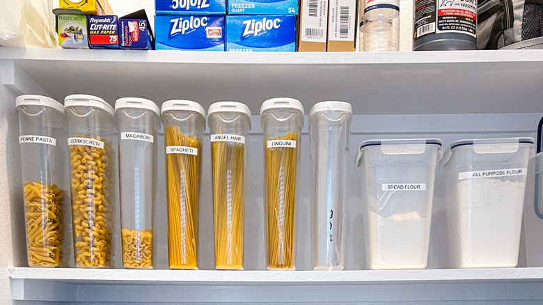 Groups of pasta and flour in a pantry