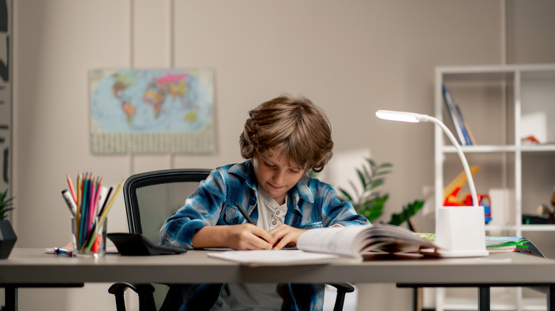 Boy doing homework at a neat-looking desk