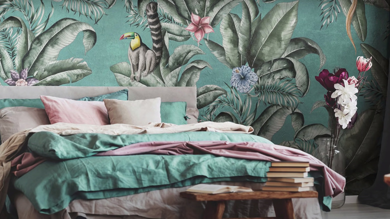 botanical wallpaper in bedroom