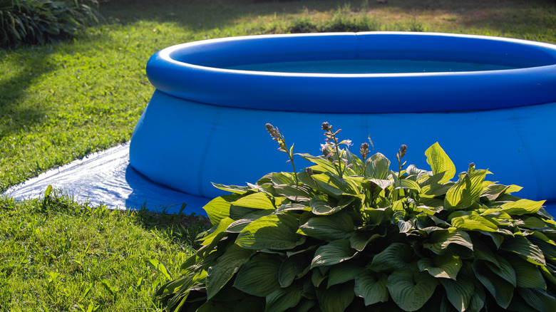 Above ground inflatable swimming pool in a country yard