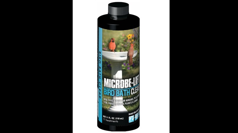 A bottle of Microbe-Lift Bird Bath cleaner