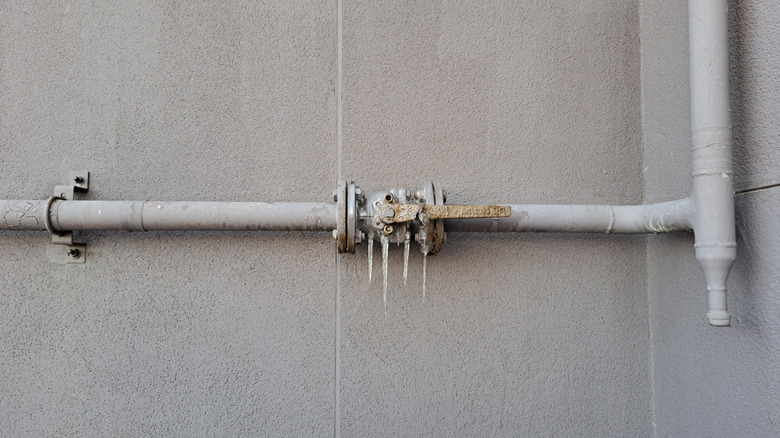 A frozen pipe on the wall of an unheated basement of a home.