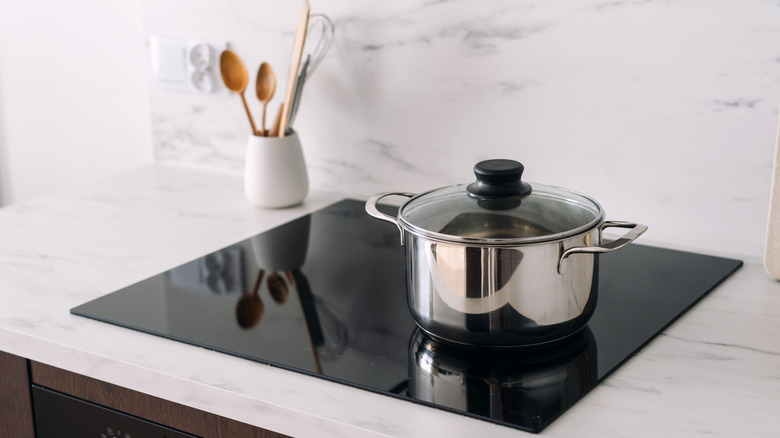A stainless-steel pot, the best choice for glass stovetops, sits on such a stovetop.