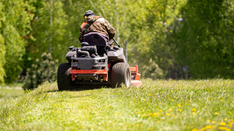 Person using a riding lawn mower on a hill