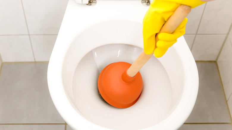 Red plunger in a toilet.