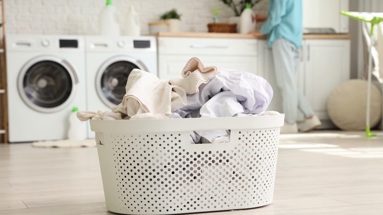 Laundry basket filled with clothes