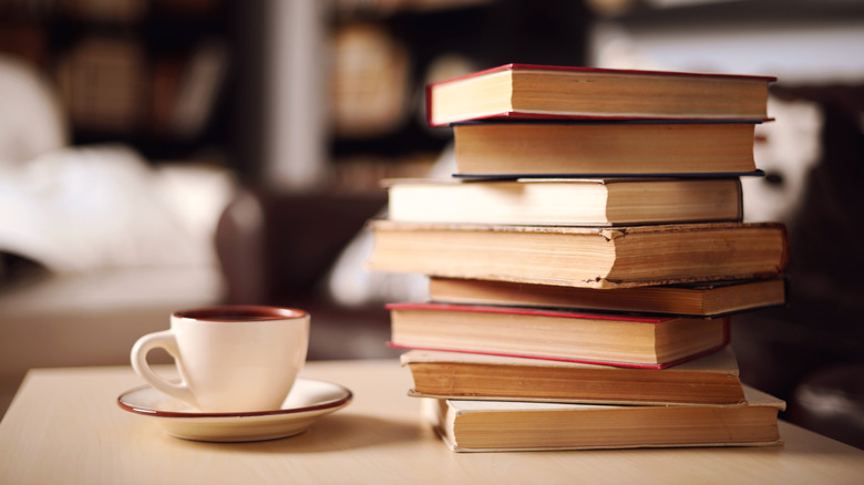 stack of books on table