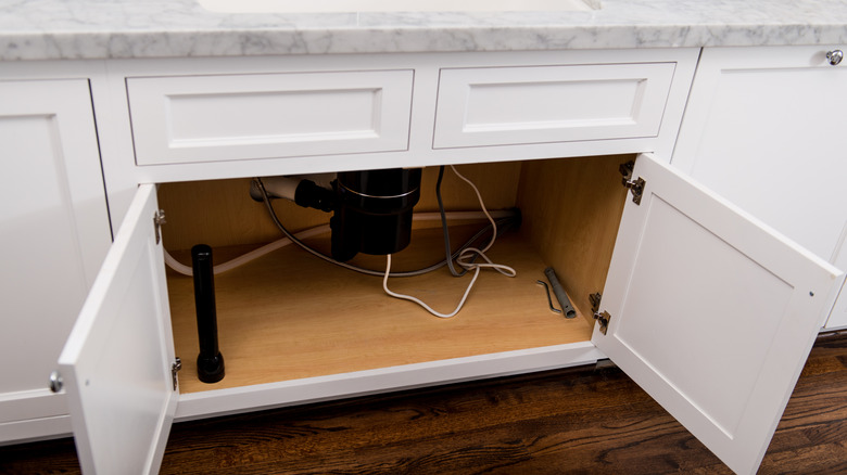 Doors open on cabinet so kitchen sink pipes stay warm