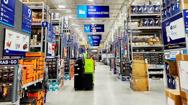 The interior aisles of a Lowe's store