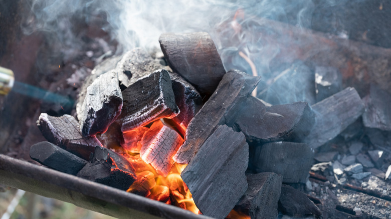Charcoal just starting to burn on a grill