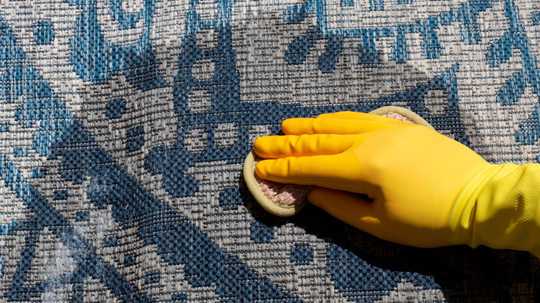 Person cleaning rug with soapy water