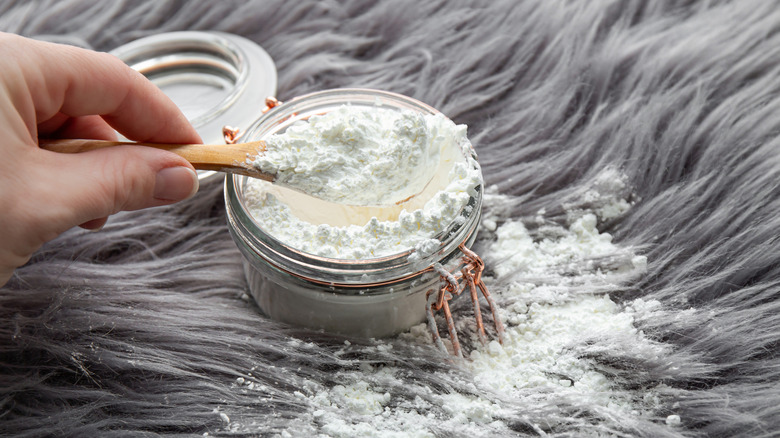 Close-up of somebody sprinkling cornstarch on a fabric rug to remove stains