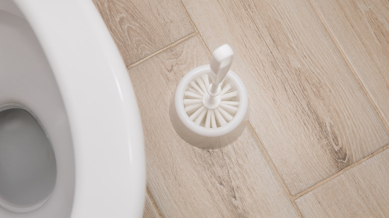 Toilet brush next to toilet closeup photo