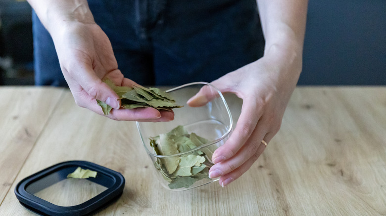 A person is removing bay leaves from a glass container