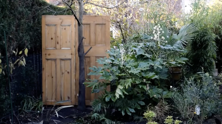 Two wood doors being used to conceal trash cans in a yard