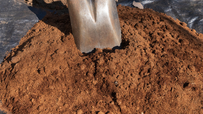 Spreading potting soil across a tarp