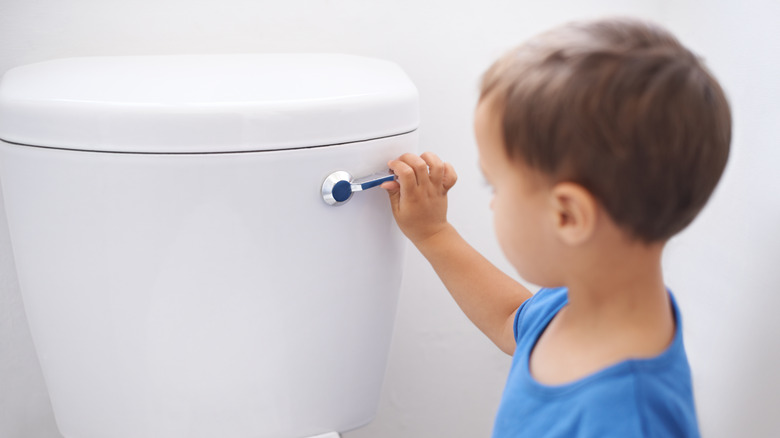 boy flushing toilet