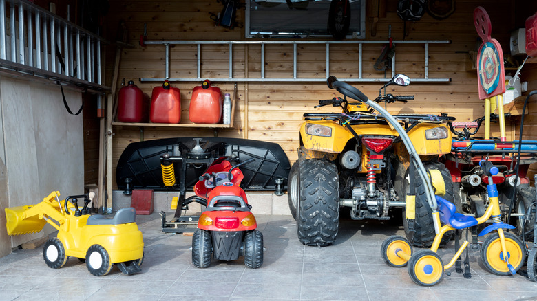 brightly colored equipment in garage