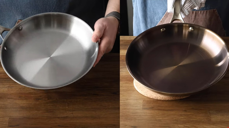 Unseasoned and seasoned carbon steel pans