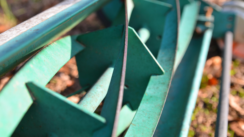 A close-up shot of reel mower blades