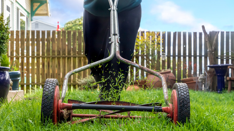 A person pushing a push mower