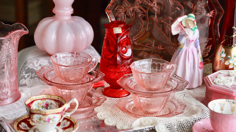 pink and red Depression glass