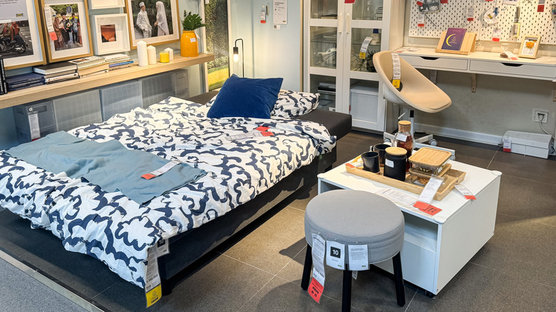 Interior of an IKEA store featuring a bedroom display