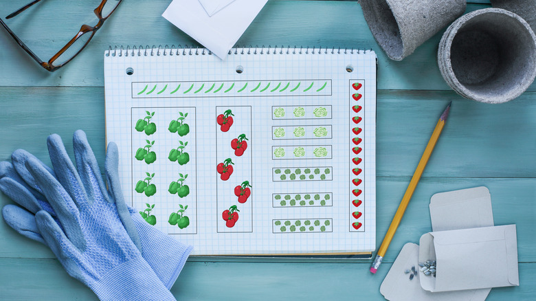 Gardening journal grid notebook with plan.