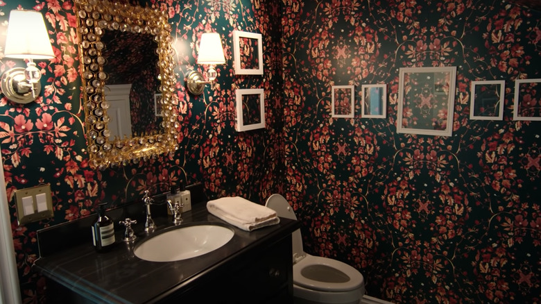 black and pink wallpaper bathroom