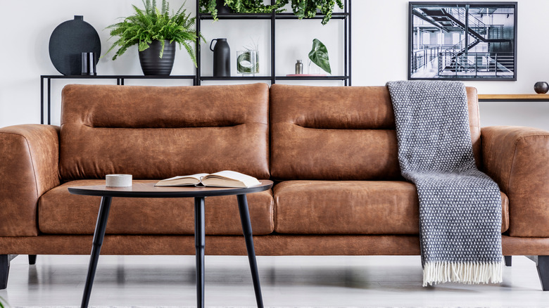 brown leather sofa with blanket