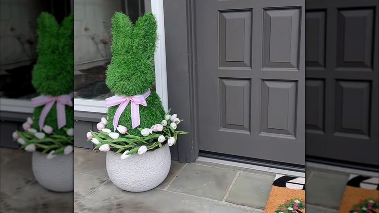A Bunny topiary DIY outside of a front door