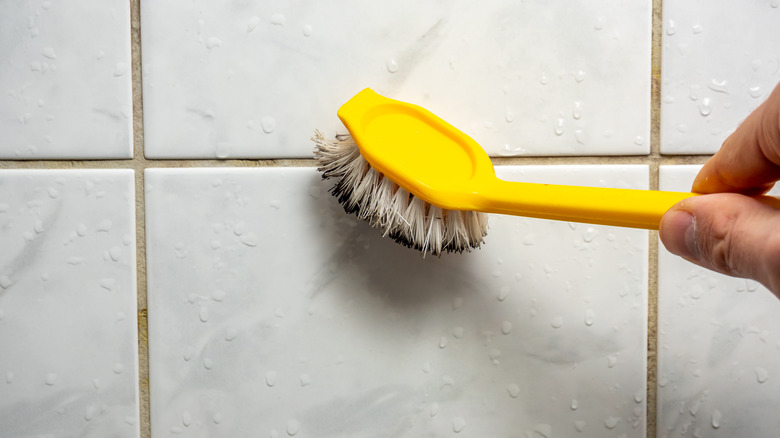 Scrub brush cleaning grout lines