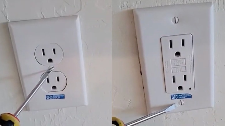 Two different types of outlet covers: one attached in the middle and one attached at the top and bottom