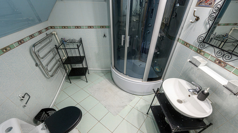 Compact bathroom with curved shower glass