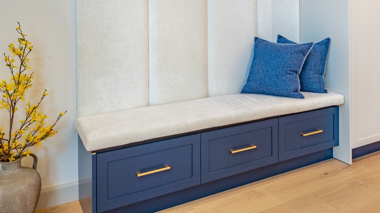 denim throw pillows storage bench