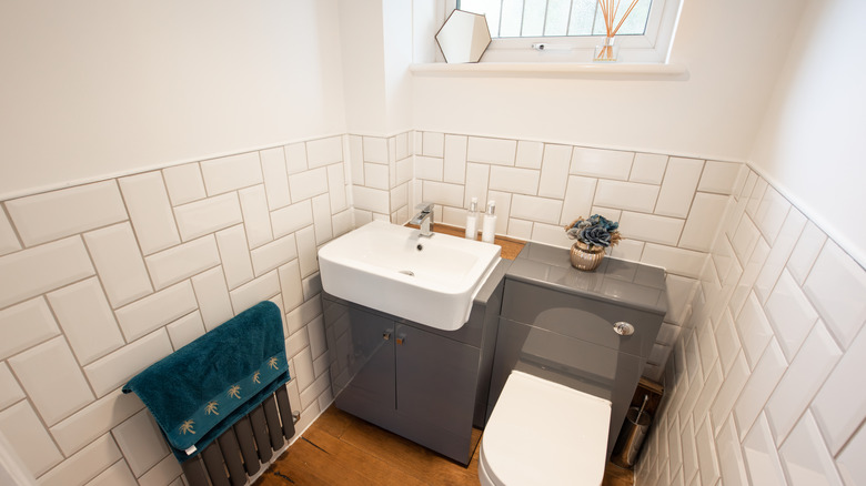 tiny bathroom toilet and sink by window