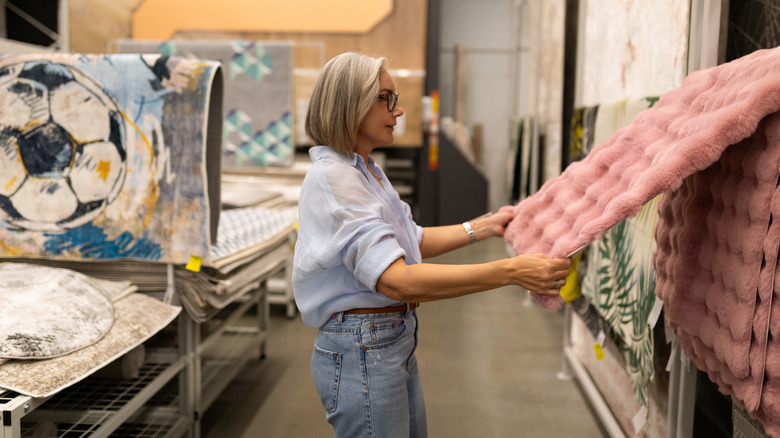 Person looking at rugs in a store