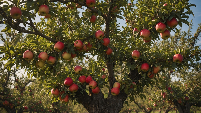 Red apples growing on on the sunlit branches of an apple tree, bigger and with more streaks of yellow than crabapples
