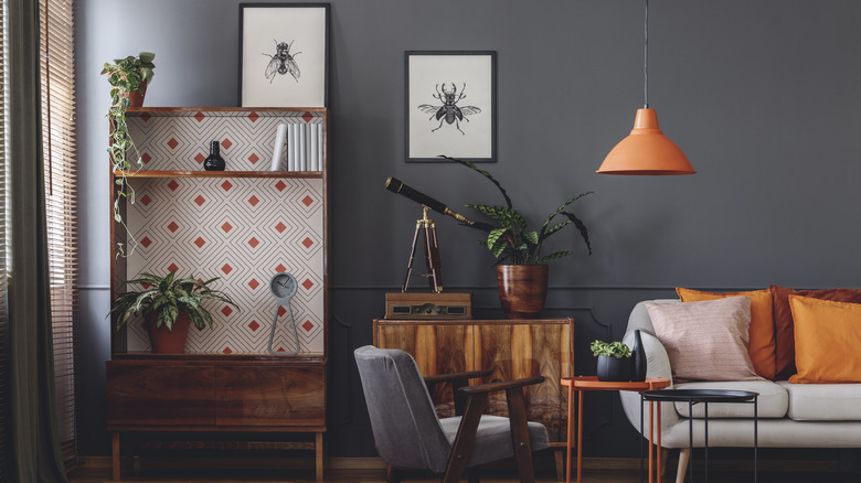 dark living room with houseplants